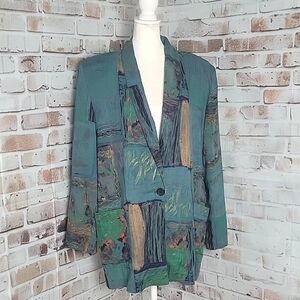 Vintage Abstract Art Print Teal Green Single-Button Oversized Blazer Large
